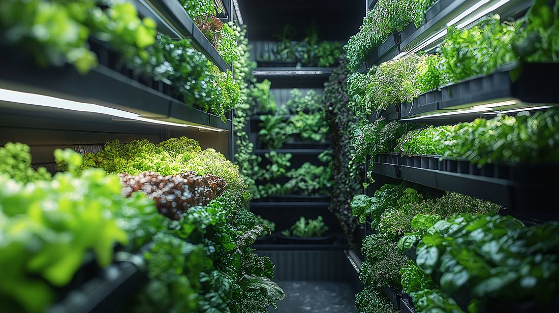 Leafy greens growing on vertical farm racks under cultivation lighting